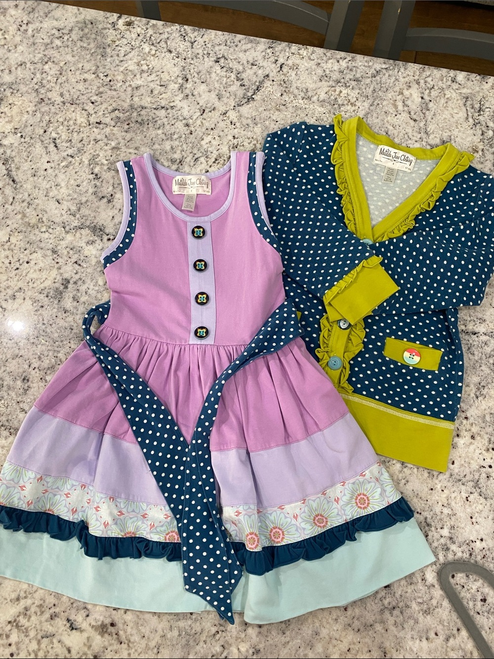 Lilac & Teal Girls' Layered Dress with Polka Dot Sash